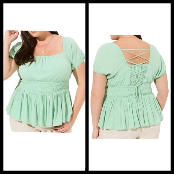 6X 30W Torrid Mint Washable Crinkle Gauze Criss Cross Back Top Stretch Lined NWT - Picture 1 of 7